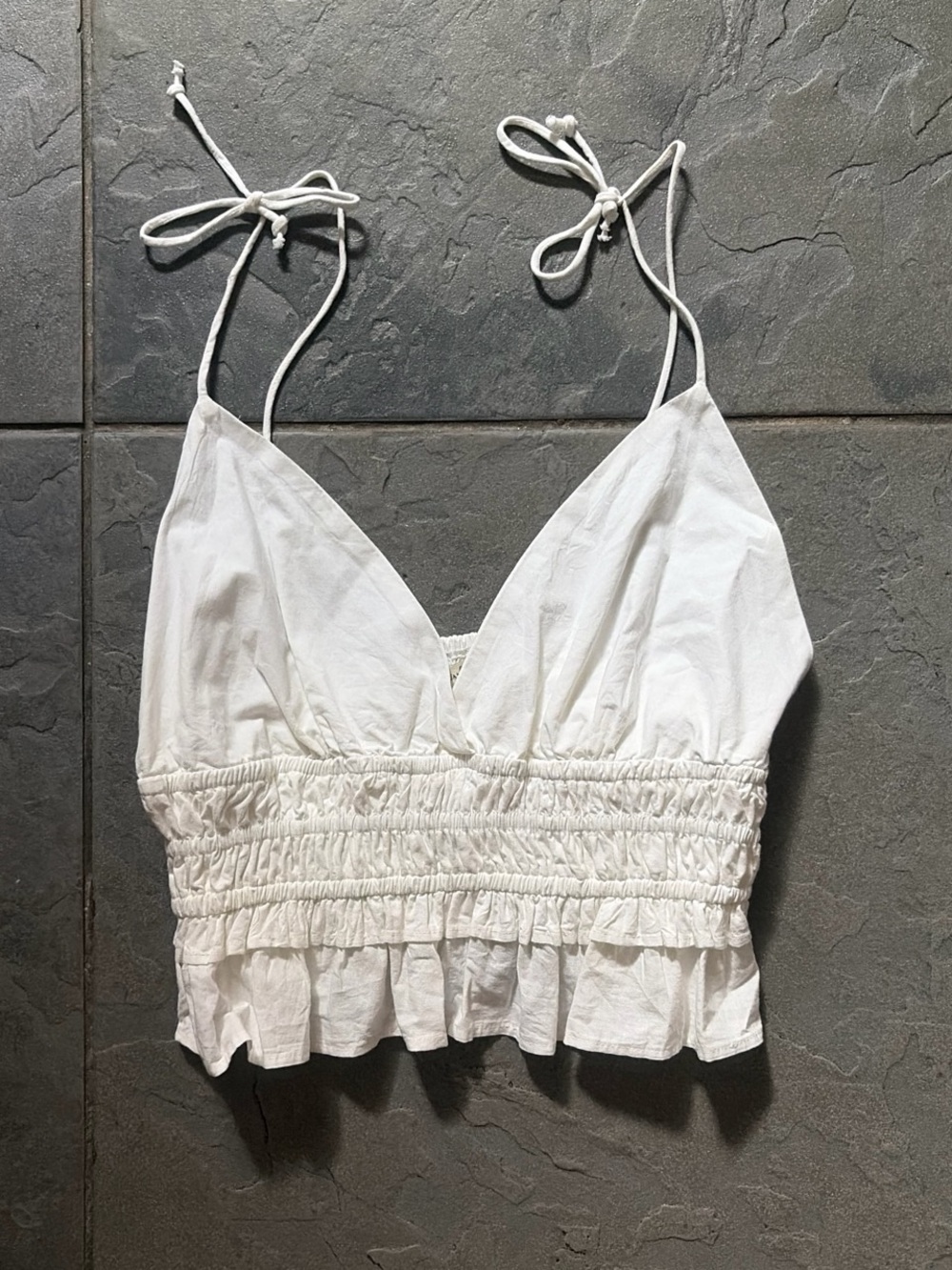 Smocked White Tie-Strap Crop Top
